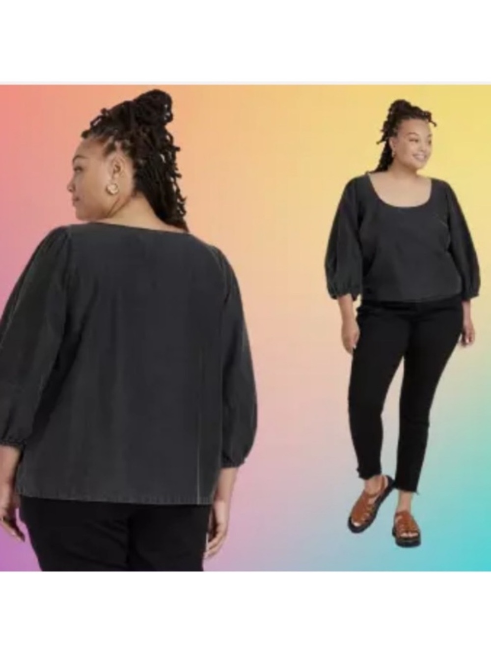 Ava & Viv Black Chambray Balloon Sleeve 100% Cotton Top, Women's 1X